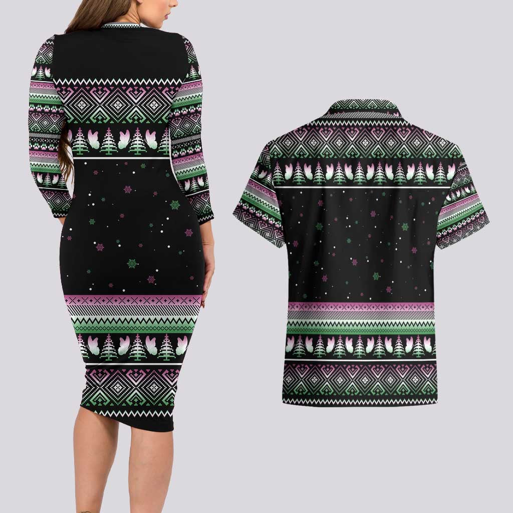 Christmas Dachshund Angel Dog Couples Matching Long Sleeve Bodycon Dress and Hawaiian Shirt Pink Green Tree Feather Pattern Design - Wonder Print Shop