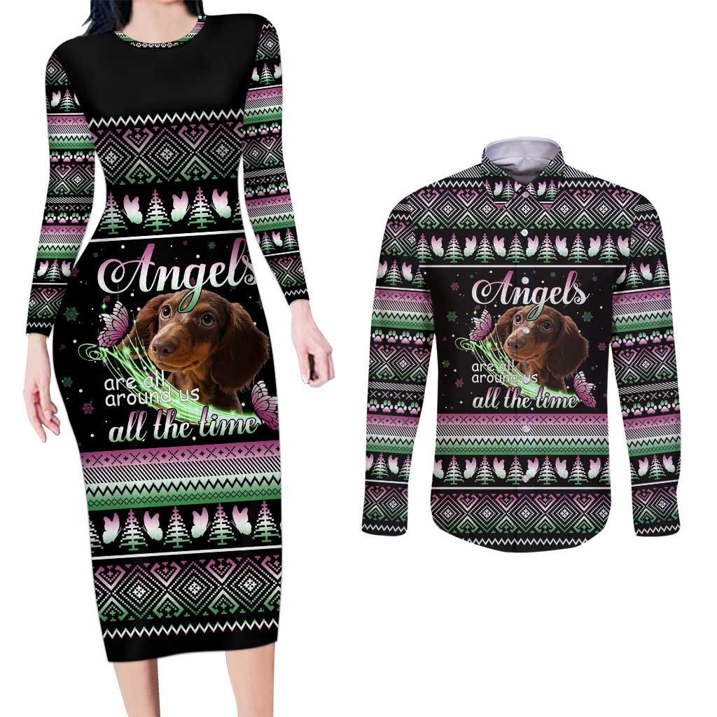 Christmas Dachshund Angel Dog Couples Matching Long Sleeve Bodycon Dress and Long Sleeve Button Shirt Pink Green Tree Feather Pattern Design - Wonder Print Shop
