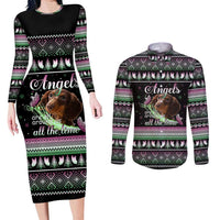 Christmas Dachshund Angel Dog Couples Matching Long Sleeve Bodycon Dress and Long Sleeve Button Shirt Pink Green Tree Feather Pattern Design - Wonder Print Shop