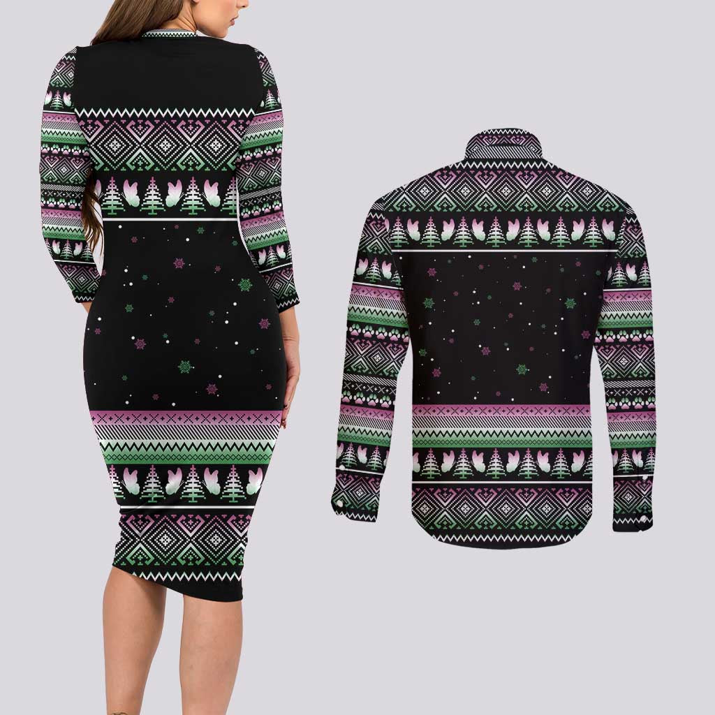 Christmas Dachshund Angel Dog Couples Matching Long Sleeve Bodycon Dress and Long Sleeve Button Shirt Pink Green Tree Feather Pattern Design - Wonder Print Shop