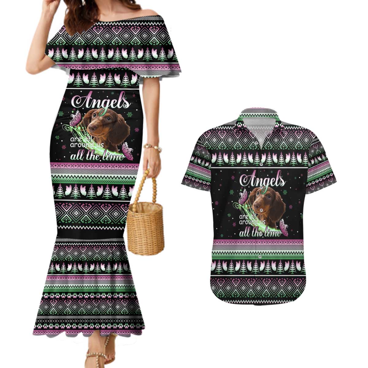 Christmas Dachshund Angel Dog Couples Matching Mermaid Dress and Hawaiian Shirt Pink Green Tree Feather Pattern Design - Wonder Print Shop