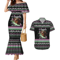 Christmas Dachshund Angel Dog Couples Matching Mermaid Dress and Hawaiian Shirt Pink Green Tree Feather Pattern Design - Wonder Print Shop