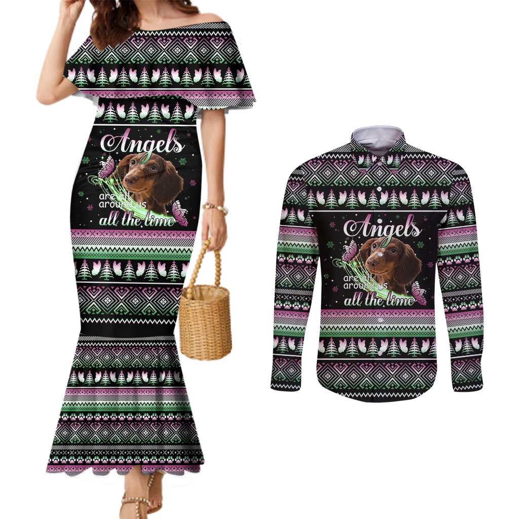 Christmas Dachshund Angel Dog Couples Matching Mermaid Dress and Long Sleeve Button Shirt Pink Green Tree Feather Pattern Design - Wonder Print Shop
