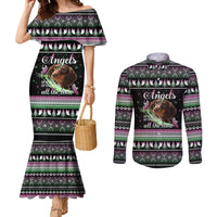 Christmas Dachshund Angel Dog Couples Matching Mermaid Dress and Long Sleeve Button Shirt Pink Green Tree Feather Pattern Design - Wonder Print Shop