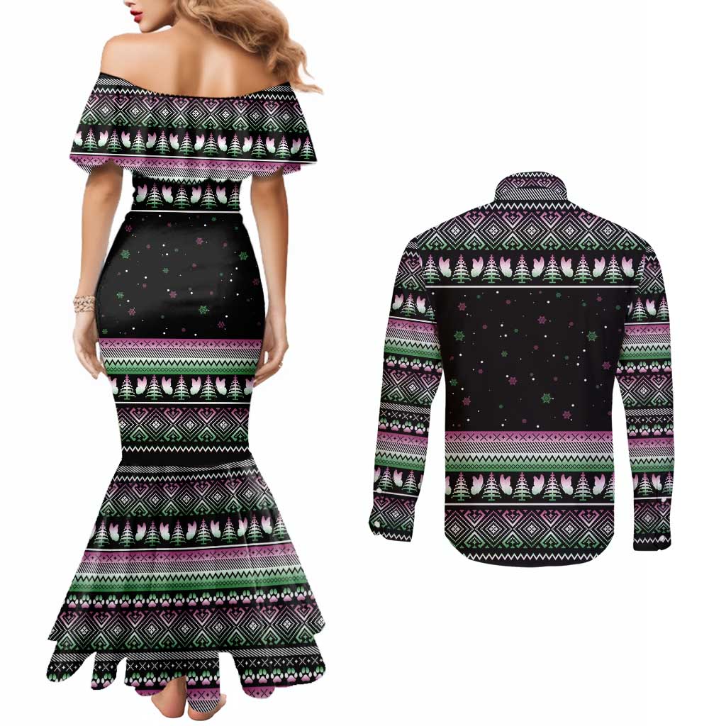 Christmas Dachshund Angel Dog Couples Matching Mermaid Dress and Long Sleeve Button Shirt Pink Green Tree Feather Pattern Design - Wonder Print Shop