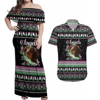 Christmas Dachshund Angel Dog Couples Matching Off Shoulder Maxi Dress and Hawaiian Shirt Pink Green Tree Feather Pattern Design - Wonder Print Shop