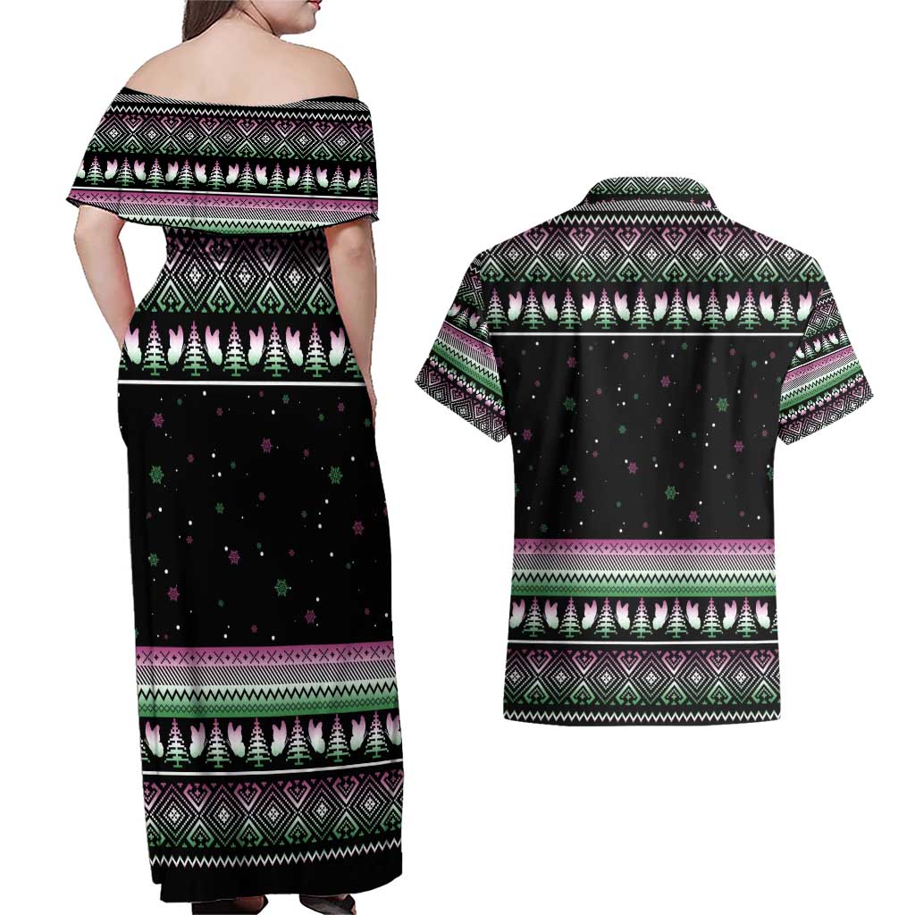 Christmas Dachshund Angel Dog Couples Matching Off Shoulder Maxi Dress and Hawaiian Shirt Pink Green Tree Feather Pattern Design - Wonder Print Shop
