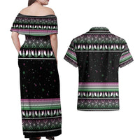 Christmas Dachshund Angel Dog Couples Matching Off Shoulder Maxi Dress and Hawaiian Shirt Pink Green Tree Feather Pattern Design - Wonder Print Shop