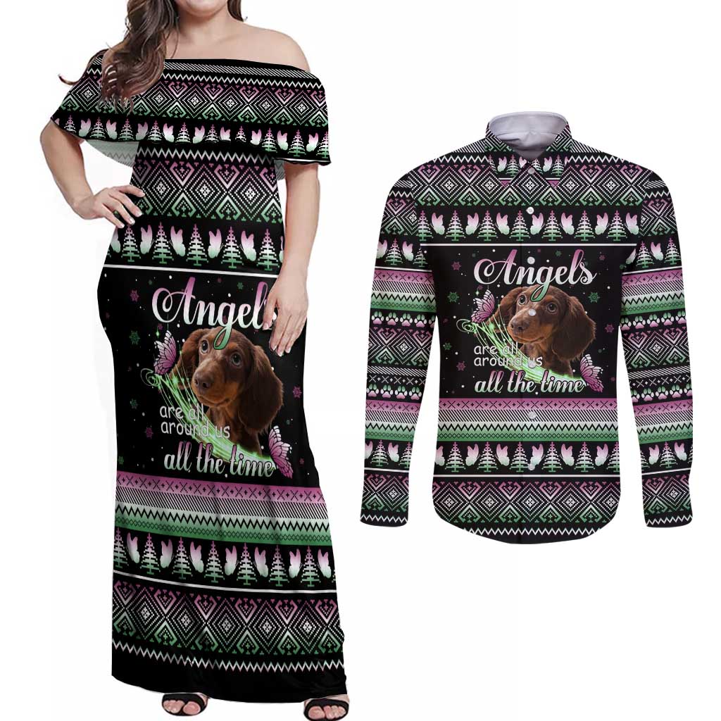 Christmas Dachshund Angel Dog Couples Matching Off Shoulder Maxi Dress and Long Sleeve Button Shirt Pink Green Tree Feather Pattern Design - Wonder Print Shop