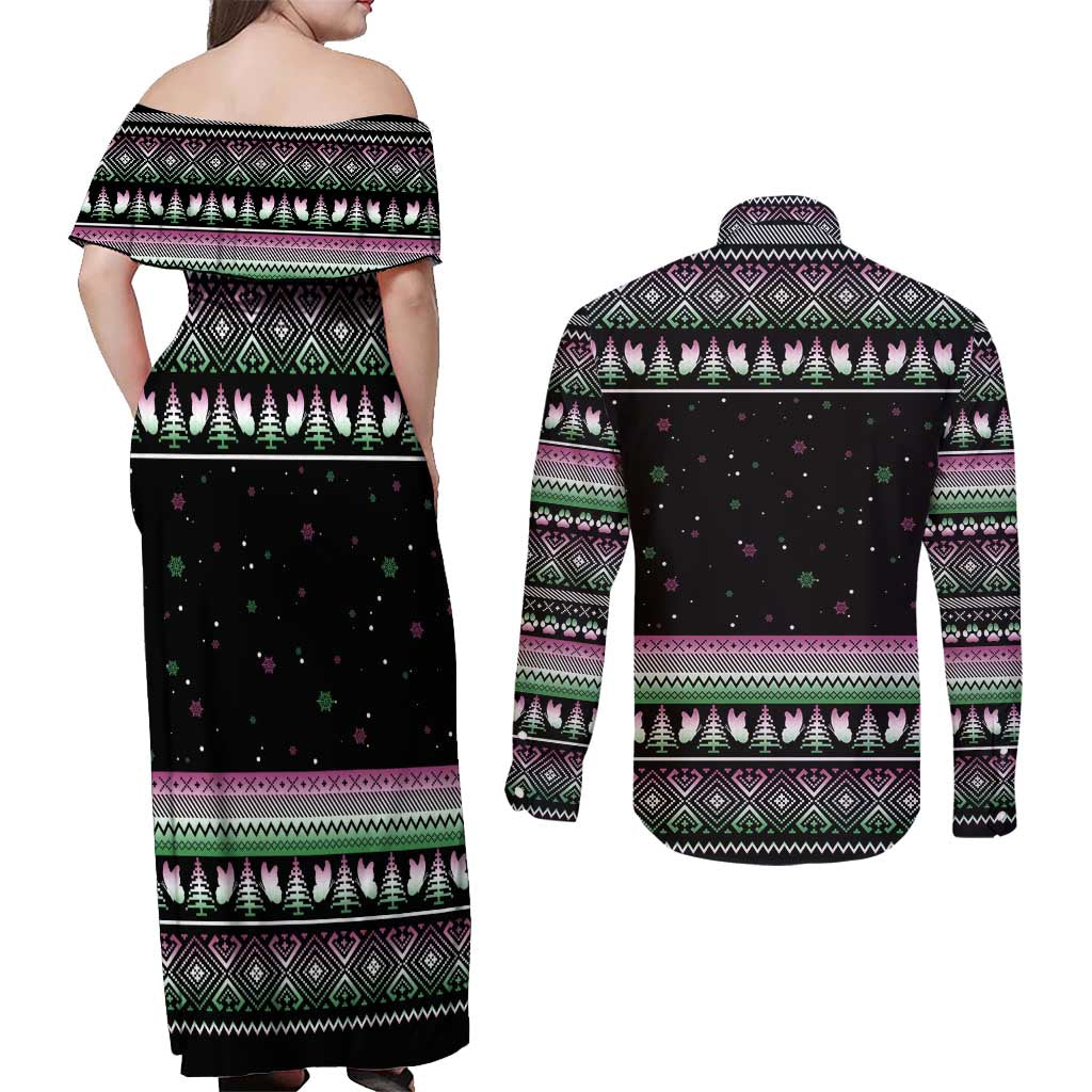 Christmas Dachshund Angel Dog Couples Matching Off Shoulder Maxi Dress and Long Sleeve Button Shirt Pink Green Tree Feather Pattern Design - Wonder Print Shop