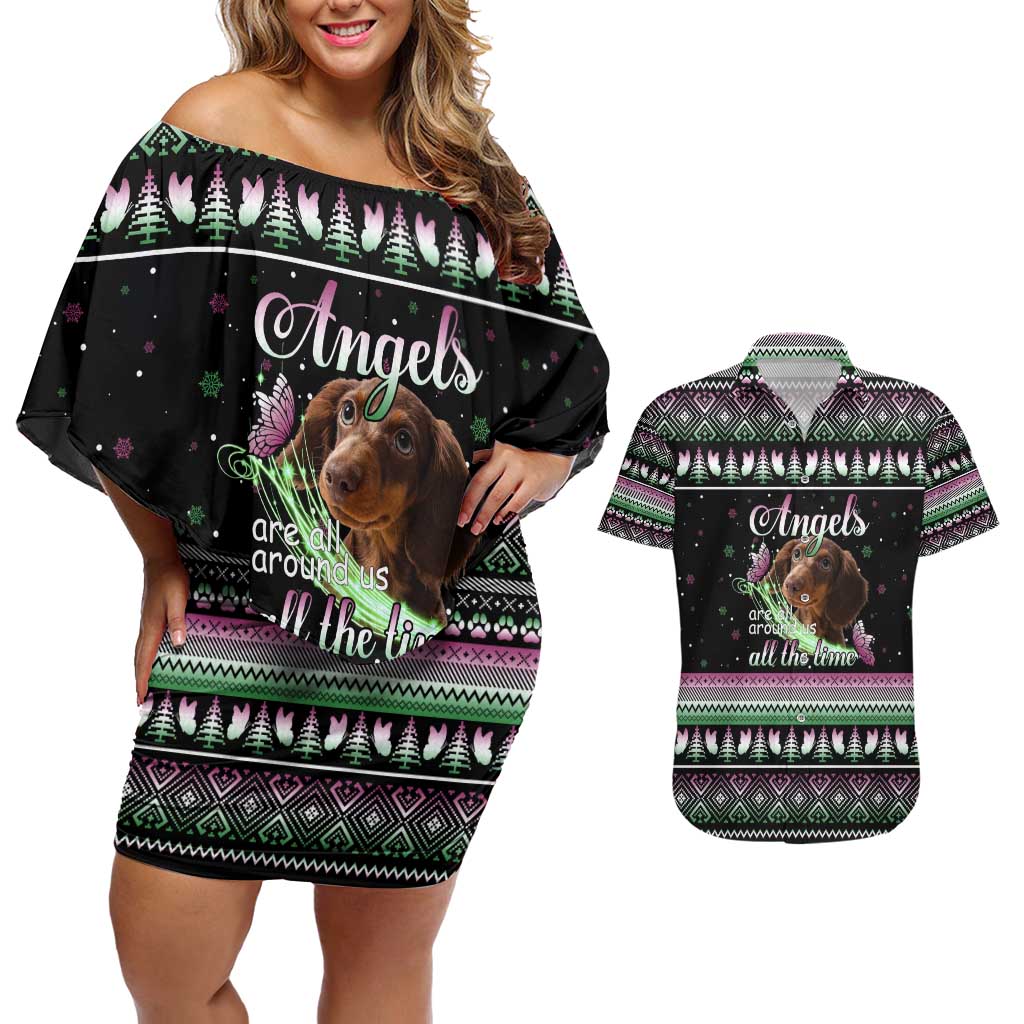 Christmas Dachshund Angel Dog Couples Matching Off Shoulder Short Dress and Hawaiian Shirt Pink Green Tree Feather Pattern Design - Wonder Print Shop