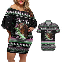 Christmas Dachshund Angel Dog Couples Matching Off Shoulder Short Dress and Hawaiian Shirt Pink Green Tree Feather Pattern Design - Wonder Print Shop