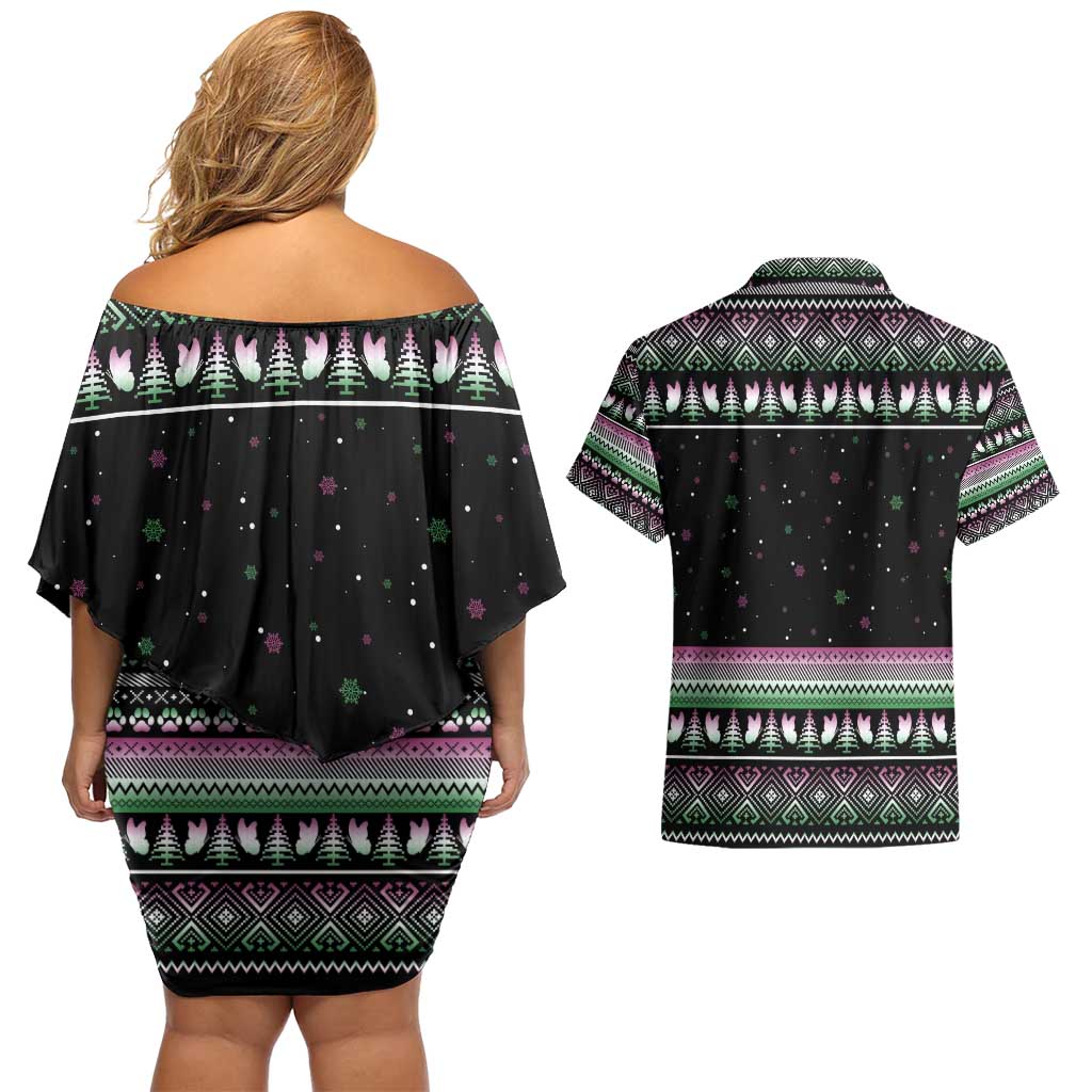 Christmas Dachshund Angel Dog Couples Matching Off Shoulder Short Dress and Hawaiian Shirt Pink Green Tree Feather Pattern Design - Wonder Print Shop