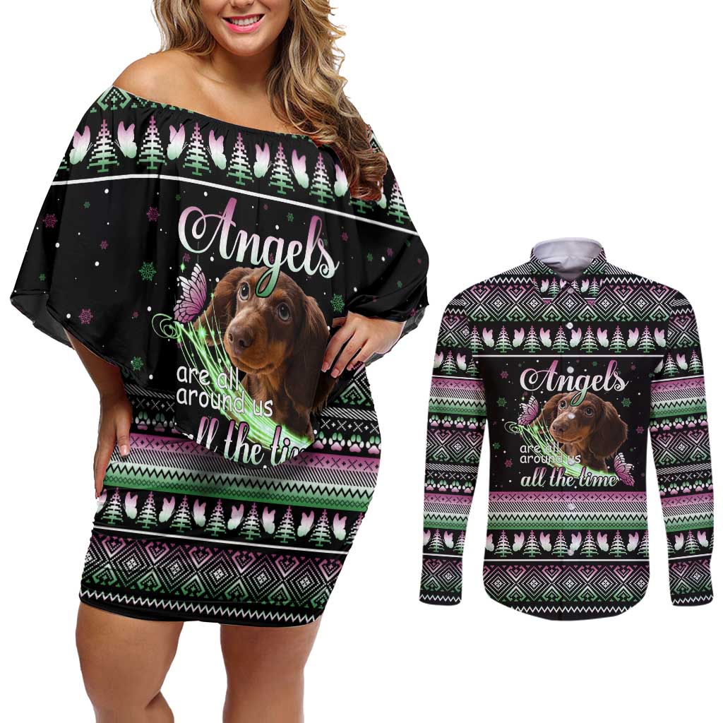 Christmas Dachshund Angel Dog Couples Matching Off Shoulder Short Dress and Long Sleeve Button Shirt Pink Green Tree Feather Pattern Design - Wonder Print Shop