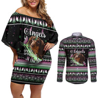 Christmas Dachshund Angel Dog Couples Matching Off Shoulder Short Dress and Long Sleeve Button Shirt Pink Green Tree Feather Pattern Design - Wonder Print Shop
