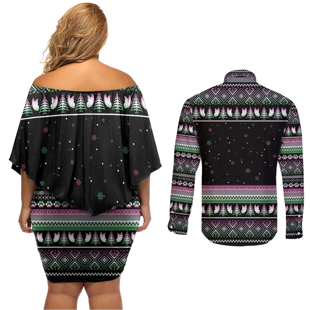 Christmas Dachshund Angel Dog Couples Matching Off Shoulder Short Dress and Long Sleeve Button Shirt Pink Green Tree Feather Pattern Design - Wonder Print Shop