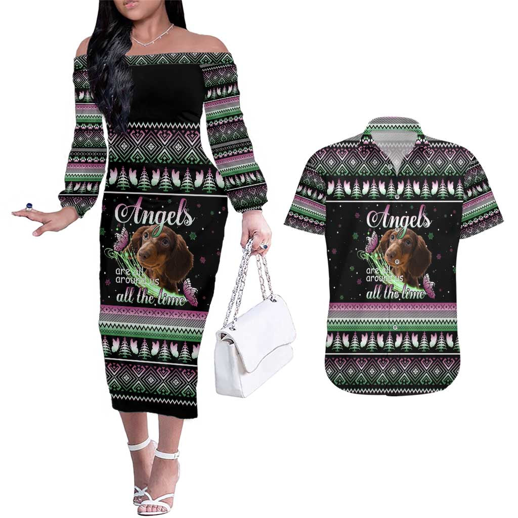 Christmas Dachshund Angel Dog Couples Matching Off The Shoulder Long Sleeve Dress and Hawaiian Shirt Pink Green Tree Feather Pattern Design - Wonder Print Shop