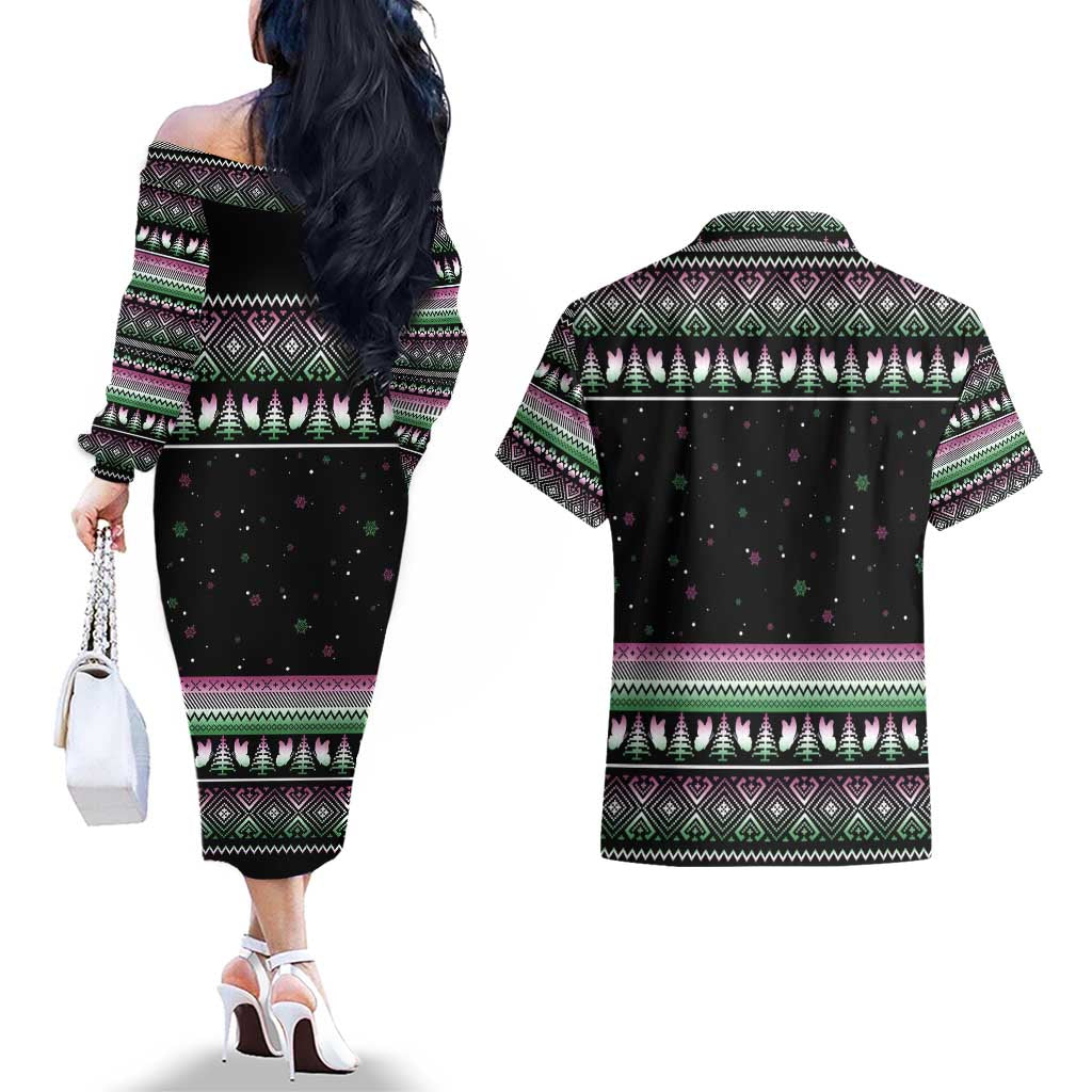 Christmas Dachshund Angel Dog Couples Matching Off The Shoulder Long Sleeve Dress and Hawaiian Shirt Pink Green Tree Feather Pattern Design - Wonder Print Shop