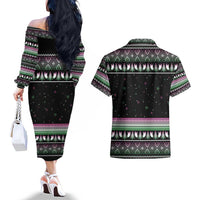 Christmas Dachshund Angel Dog Couples Matching Off The Shoulder Long Sleeve Dress and Hawaiian Shirt Pink Green Tree Feather Pattern Design - Wonder Print Shop