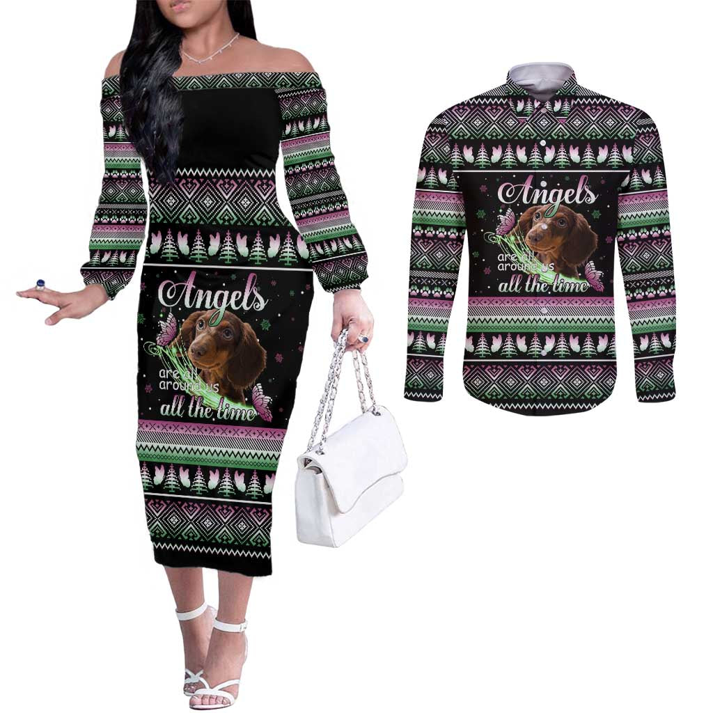Christmas Dachshund Angel Dog Couples Matching Off The Shoulder Long Sleeve Dress and Long Sleeve Button Shirt Pink Green Tree Feather Pattern Design - Wonder Print Shop