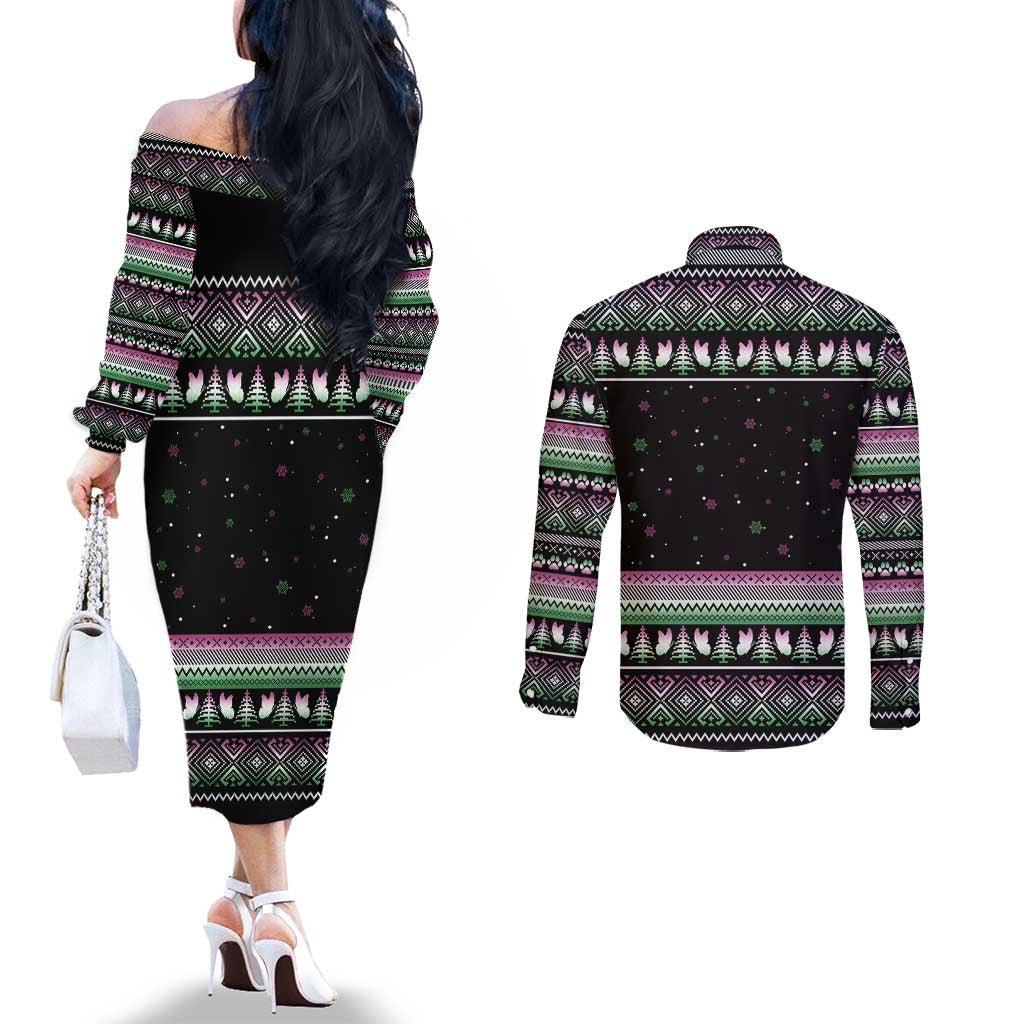 Christmas Dachshund Angel Dog Couples Matching Off The Shoulder Long Sleeve Dress and Long Sleeve Button Shirt Pink Green Tree Feather Pattern Design - Wonder Print Shop
