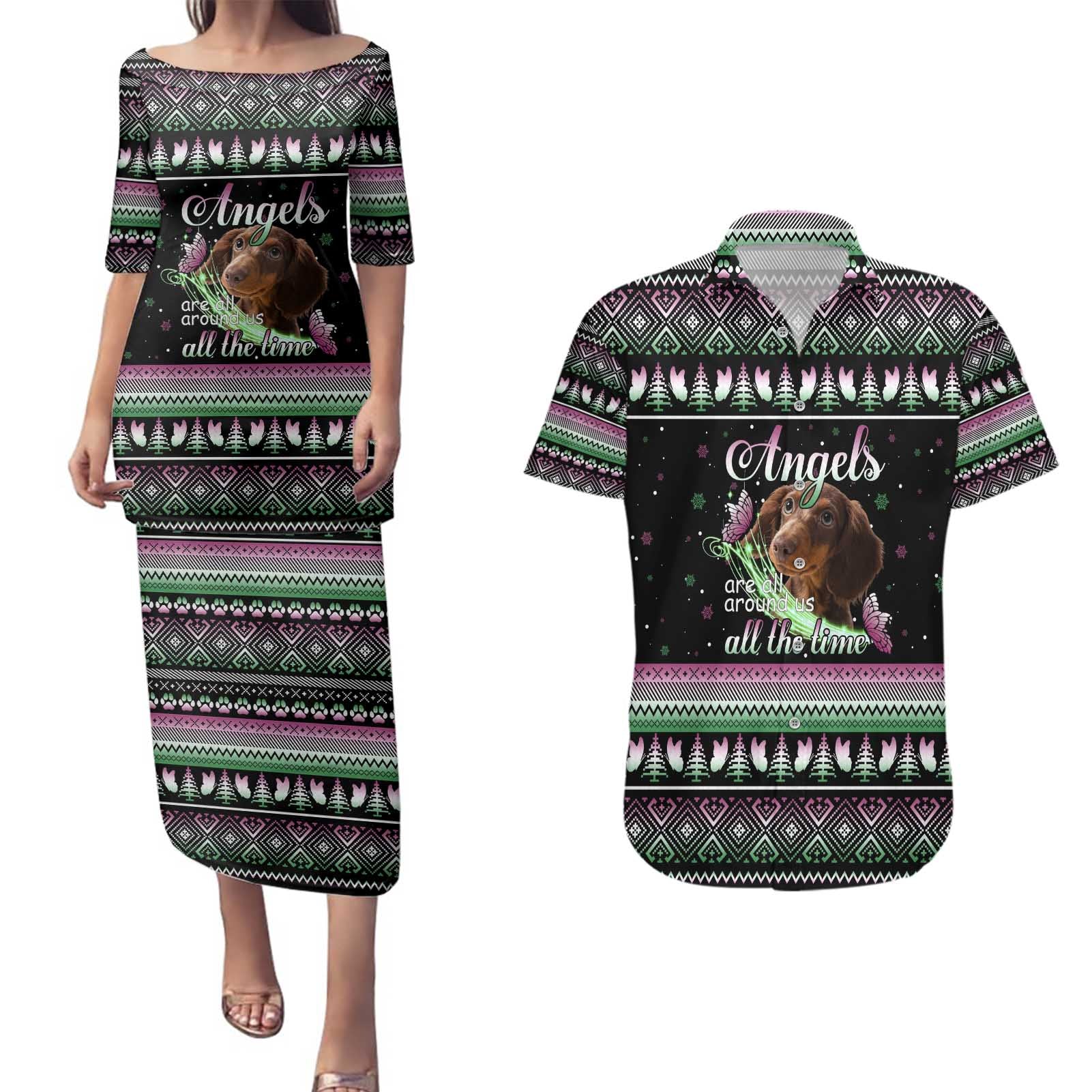 Christmas Dachshund Angel Dog Couples Matching Puletasi and Hawaiian Shirt Pink Green Tree Feather Pattern Design - Wonder Print Shop