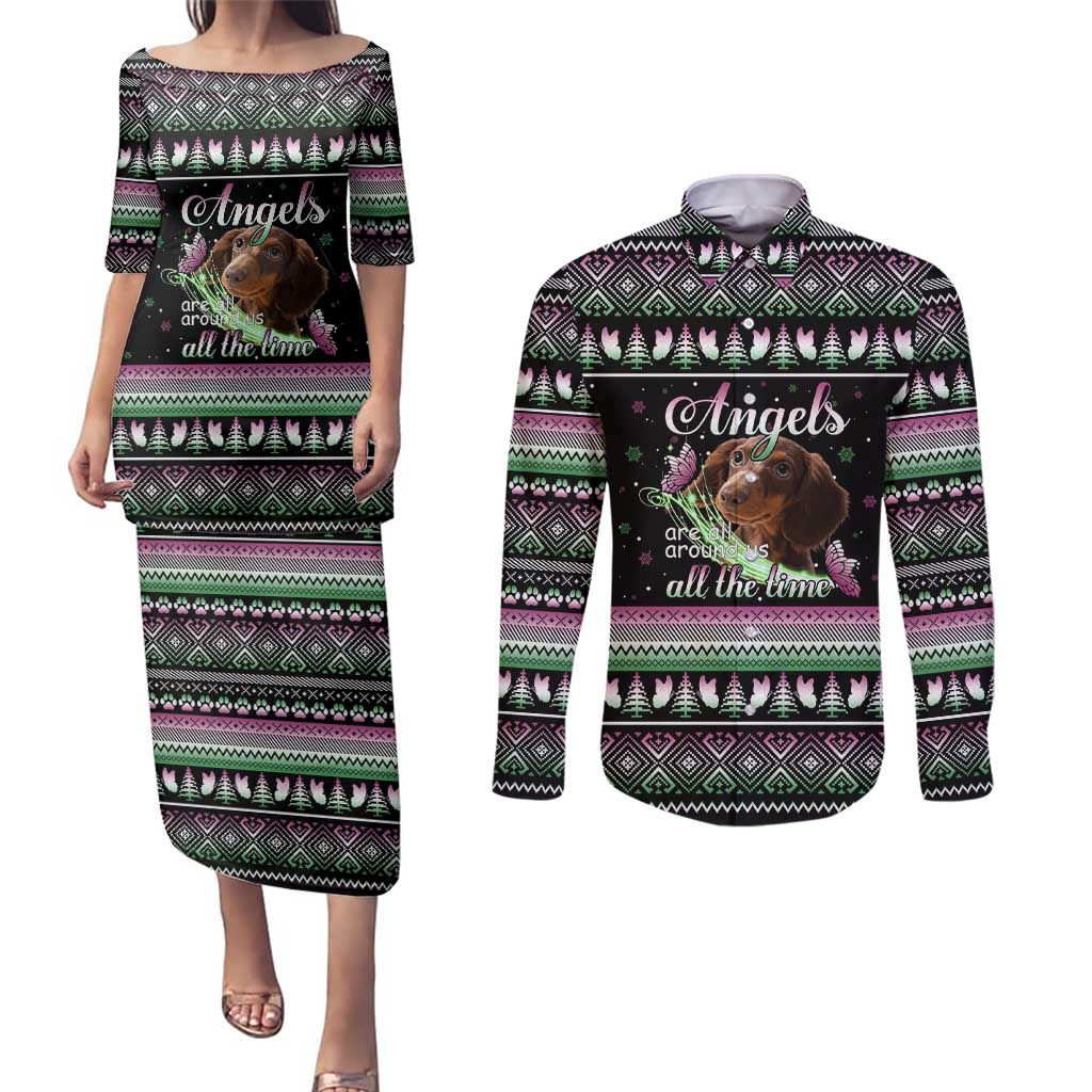Christmas Dachshund Angel Dog Couples Matching Puletasi and Long Sleeve Button Shirt Pink Green Tree Feather Pattern Design - Wonder Print Shop