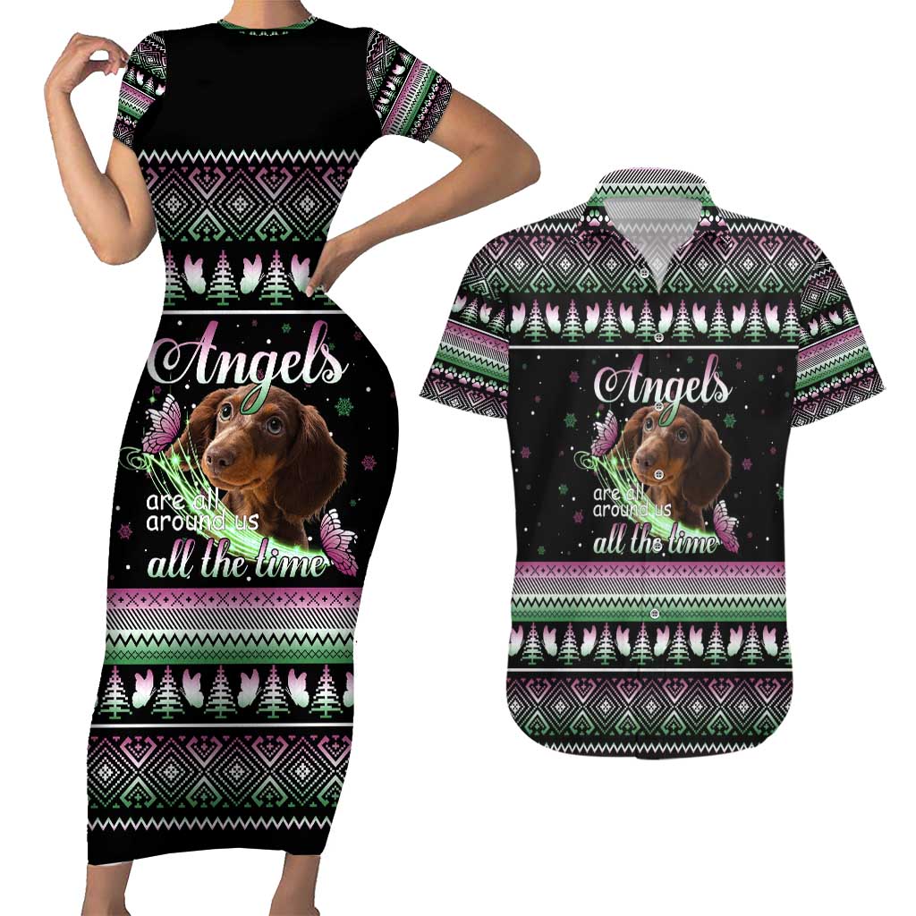 Christmas Dachshund Angel Dog Couples Matching Short Sleeve Bodycon Dress and Hawaiian Shirt Pink Green Tree Feather Pattern Design - Wonder Print Shop