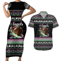 Christmas Dachshund Angel Dog Couples Matching Short Sleeve Bodycon Dress and Hawaiian Shirt Pink Green Tree Feather Pattern Design - Wonder Print Shop