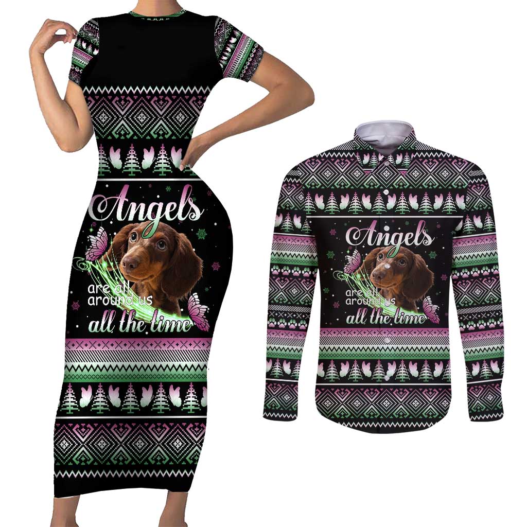 Christmas Dachshund Angel Dog Couples Matching Short Sleeve Bodycon Dress and Long Sleeve Button Shirt Pink Green Tree Feather Pattern Design - Wonder Print Shop