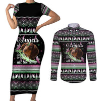 Christmas Dachshund Angel Dog Couples Matching Short Sleeve Bodycon Dress and Long Sleeve Button Shirt Pink Green Tree Feather Pattern Design - Wonder Print Shop