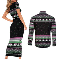 Christmas Dachshund Angel Dog Couples Matching Short Sleeve Bodycon Dress and Long Sleeve Button Shirt Pink Green Tree Feather Pattern Design - Wonder Print Shop