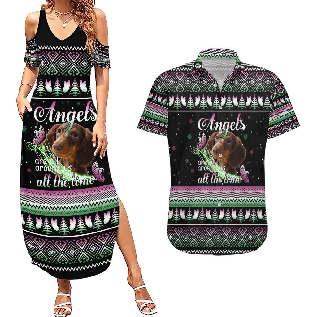 Christmas Dachshund Angel Dog Couples Matching Summer Maxi Dress and Hawaiian Shirt Pink Green Tree Feather Pattern Design - Wonder Print Shop