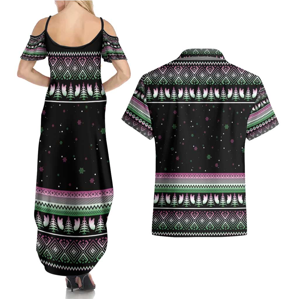 Christmas Dachshund Angel Dog Couples Matching Summer Maxi Dress and Hawaiian Shirt Pink Green Tree Feather Pattern Design - Wonder Print Shop