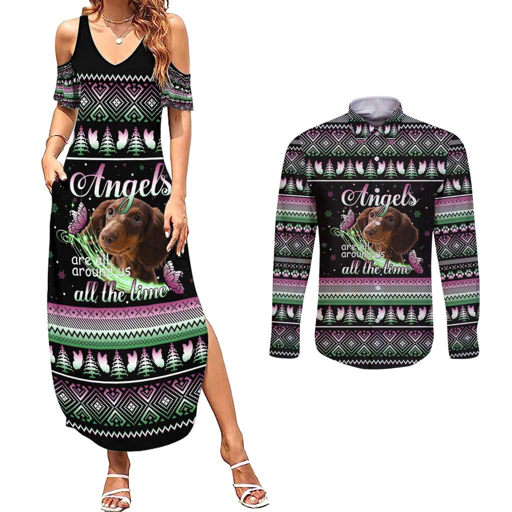 Christmas Dachshund Angel Dog Couples Matching Summer Maxi Dress and Long Sleeve Button Shirt Pink Green Tree Feather Pattern Design - Wonder Print Shop