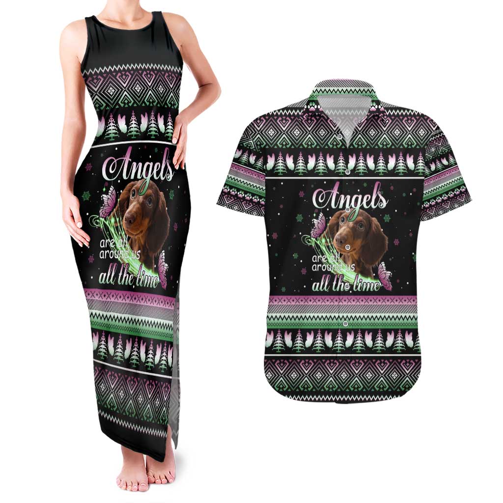 Christmas Dachshund Angel Dog Couples Matching Tank Maxi Dress and Hawaiian Shirt Pink Green Tree Feather Pattern Design - Wonder Print Shop
