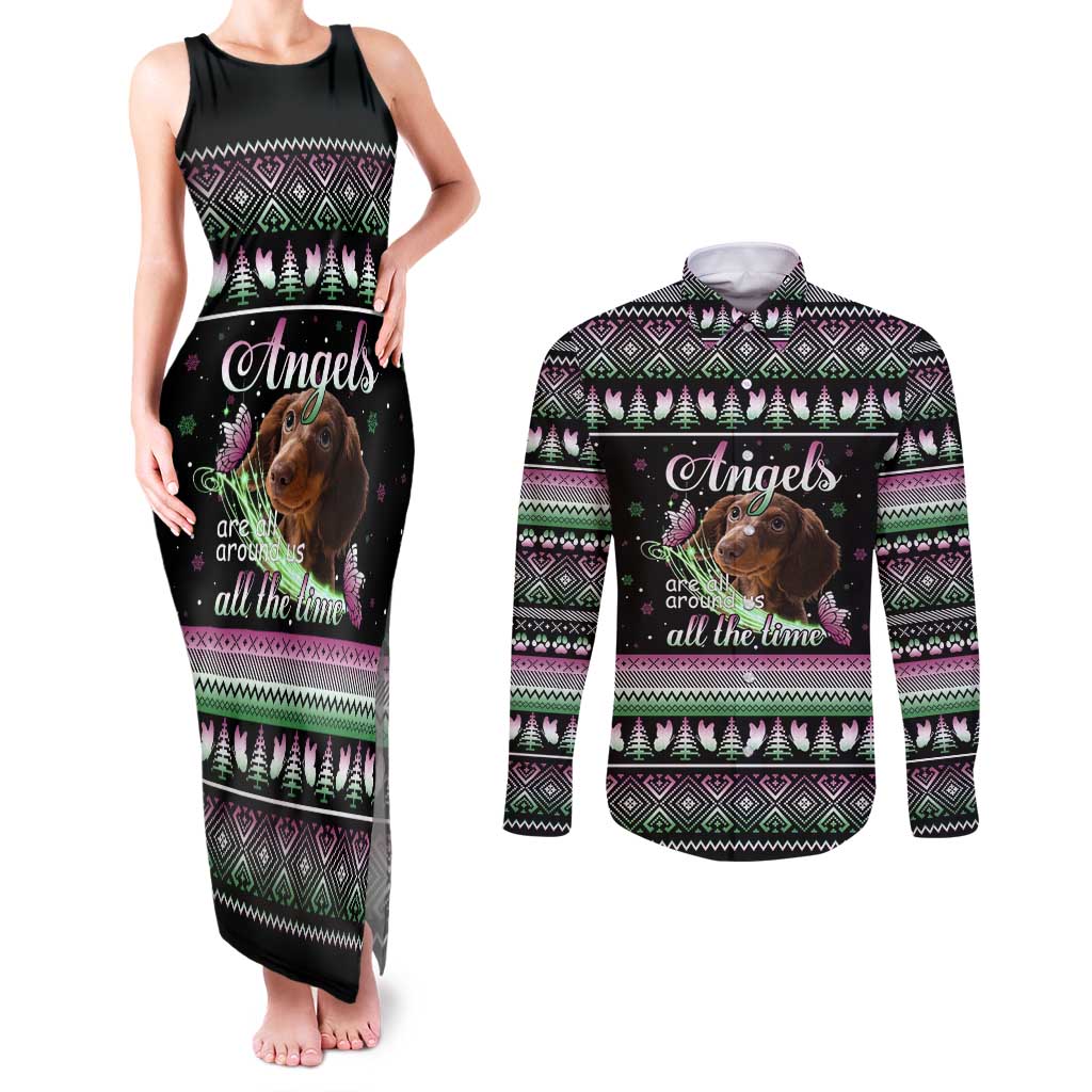 Christmas Dachshund Angel Dog Couples Matching Tank Maxi Dress and Long Sleeve Button Shirt Pink Green Tree Feather Pattern Design - Wonder Print Shop