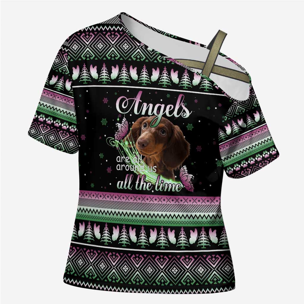 Christmas Dachshund Angel Dog Cross Shoulder Shirt Pink Green Tree Feather Pattern Design - Wonder Print Shop
