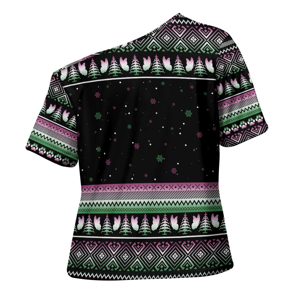 Christmas Dachshund Angel Dog Cross Shoulder Shirt Pink Green Tree Feather Pattern Design - Wonder Print Shop