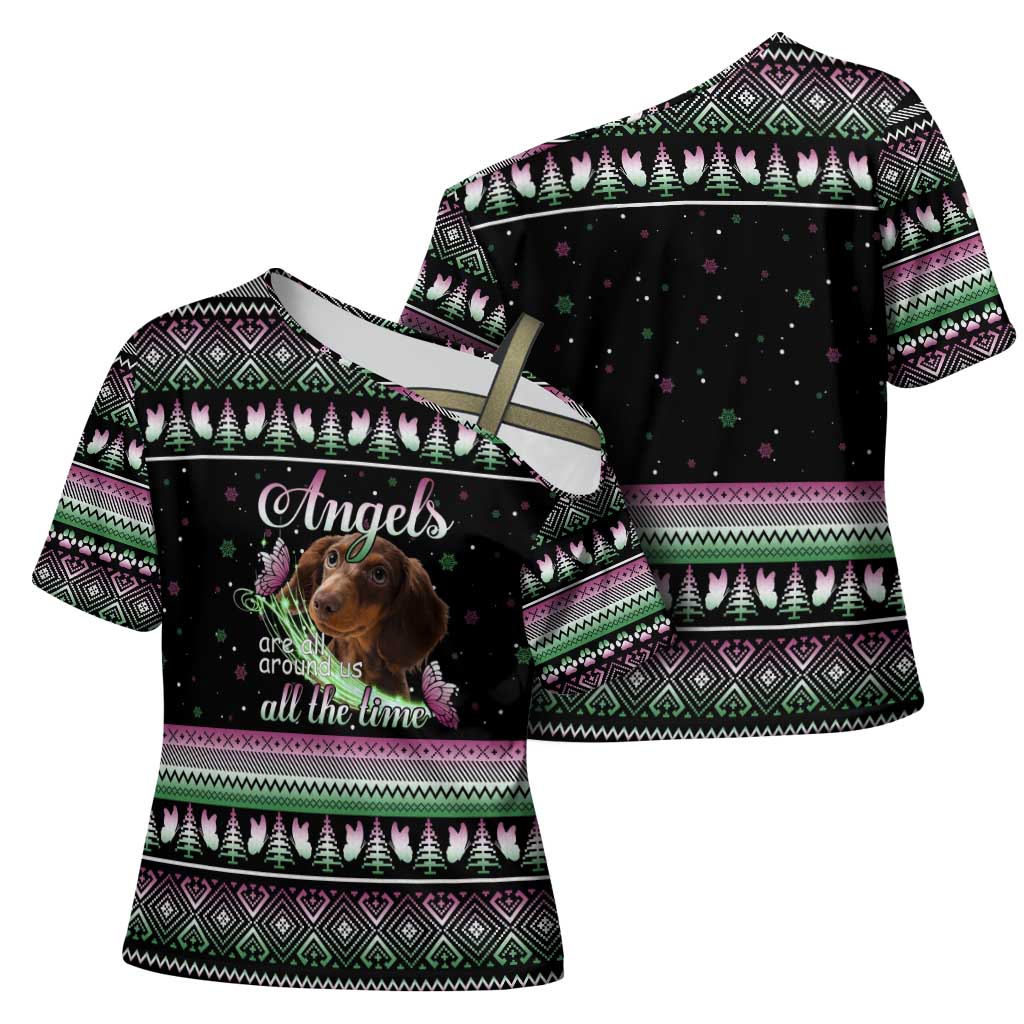 Christmas Dachshund Angel Dog Cross Shoulder Shirt Pink Green Tree Feather Pattern Design - Wonder Print Shop