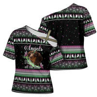 Christmas Dachshund Angel Dog Cross Shoulder Shirt Pink Green Tree Feather Pattern Design - Wonder Print Shop