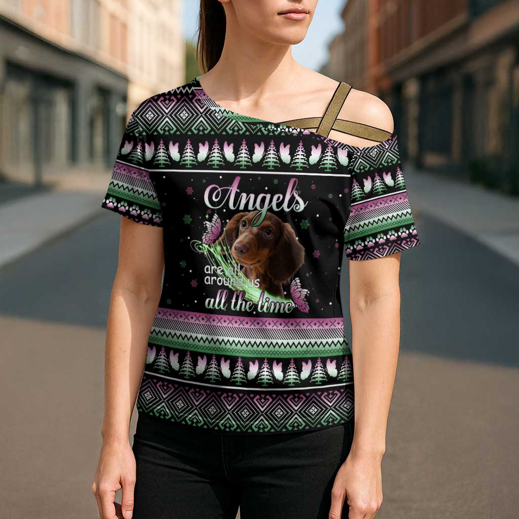 Christmas Dachshund Angel Dog Cross Shoulder Shirt Pink Green Tree Feather Pattern Design - Wonder Print Shop