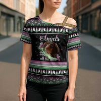Christmas Dachshund Angel Dog Cross Shoulder Shirt Pink Green Tree Feather Pattern Design - Wonder Print Shop