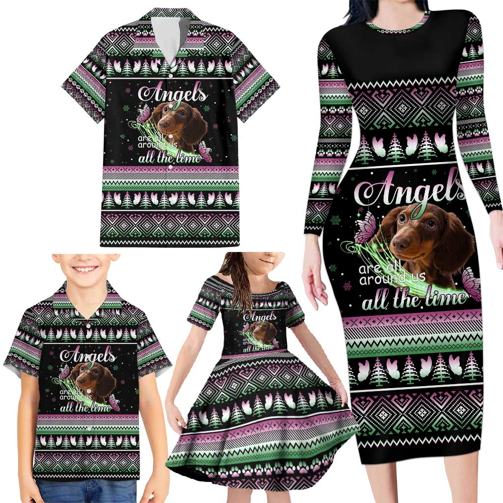 Christmas Dachshund Angel Dog Family Matching Long Sleeve Bodycon Dress and Hawaiian Shirt Pink Green Tree Feather Pattern Design - Wonder Print Shop