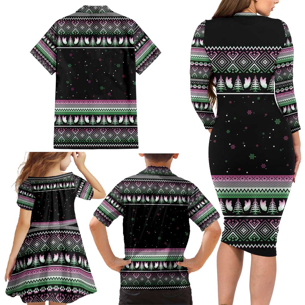 Christmas Dachshund Angel Dog Family Matching Long Sleeve Bodycon Dress and Hawaiian Shirt Pink Green Tree Feather Pattern Design - Wonder Print Shop