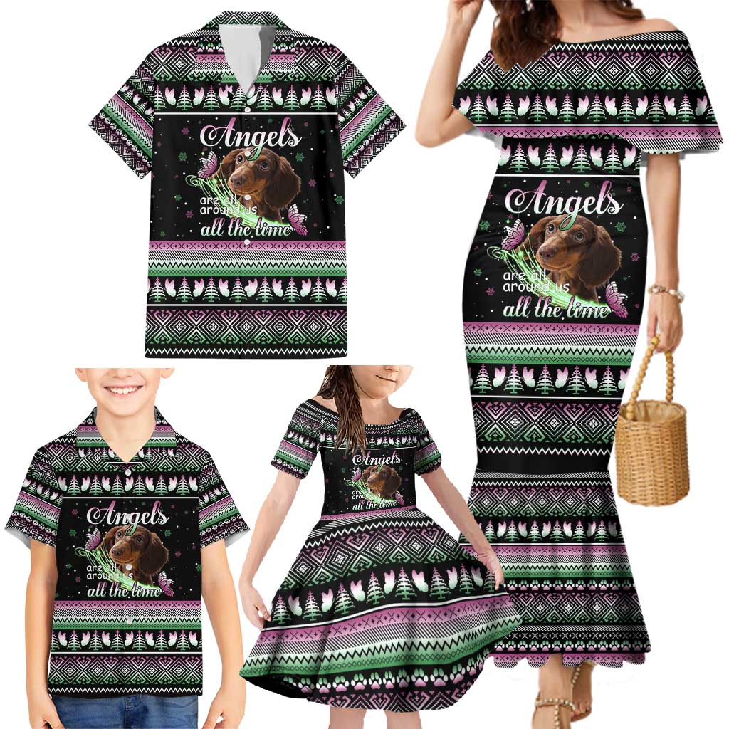 Christmas Dachshund Angel Dog Family Matching Mermaid Dress and Hawaiian Shirt Pink Green Tree Feather Pattern Design - Wonder Print Shop