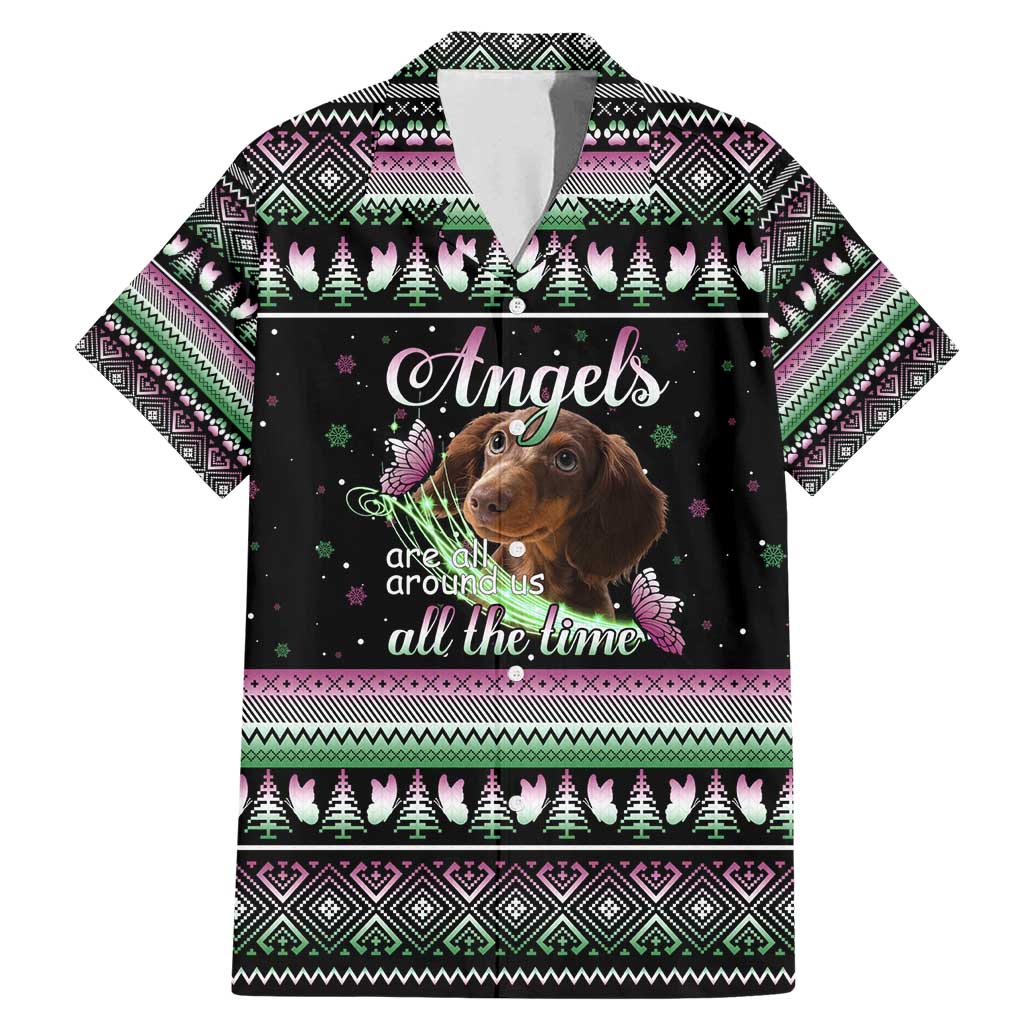 Christmas Dachshund Angel Dog Family Matching Mermaid Dress and Hawaiian Shirt Pink Green Tree Feather Pattern Design - Wonder Print Shop