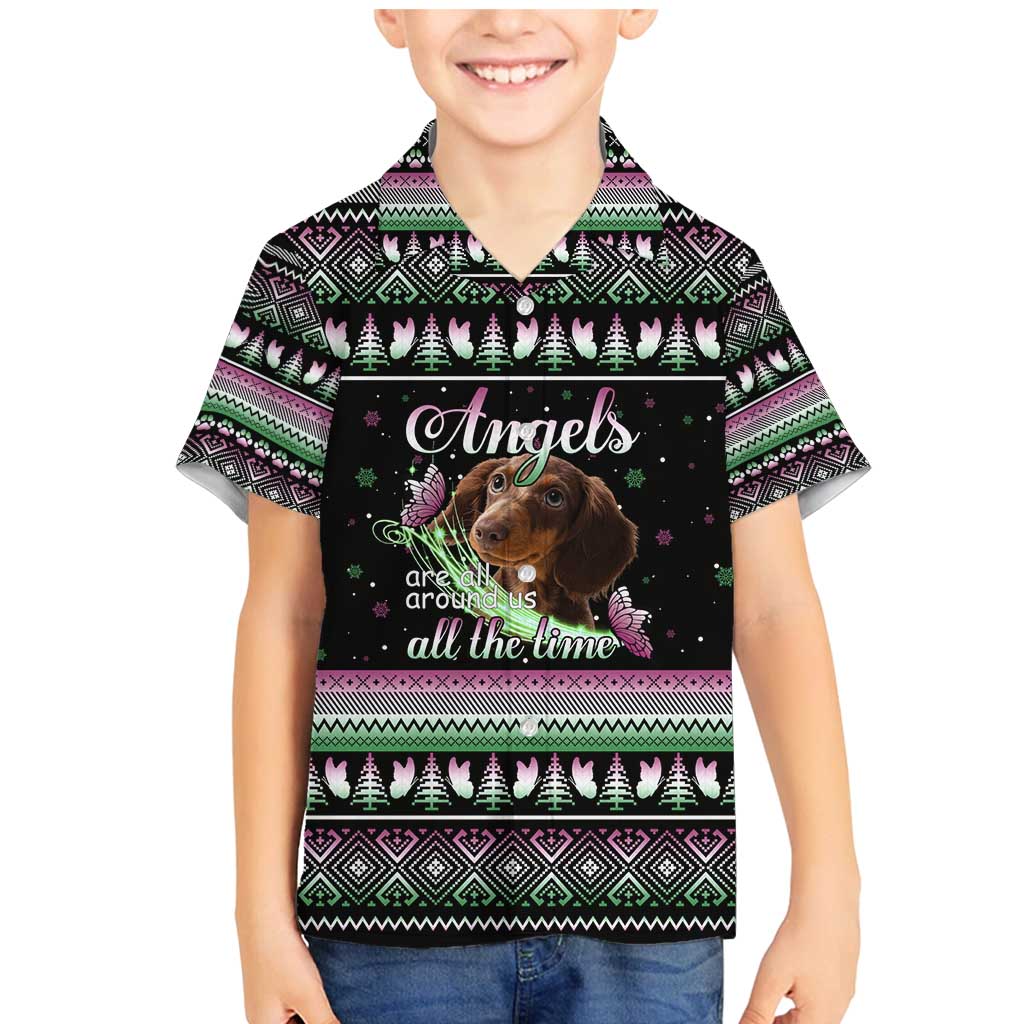 Christmas Dachshund Angel Dog Family Matching Mermaid Dress and Hawaiian Shirt Pink Green Tree Feather Pattern Design - Wonder Print Shop