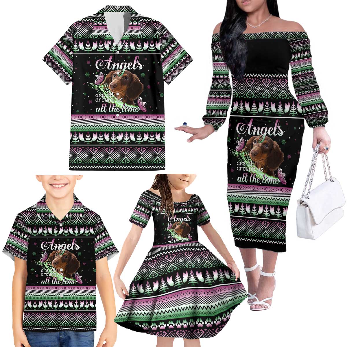 Christmas Dachshund Angel Dog Family Matching Off The Shoulder Long Sleeve Dress and Hawaiian Shirt Pink Green Tree Feather Pattern Design - Wonder Print Shop