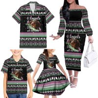 Christmas Dachshund Angel Dog Family Matching Off The Shoulder Long Sleeve Dress and Hawaiian Shirt Pink Green Tree Feather Pattern Design - Wonder Print Shop
